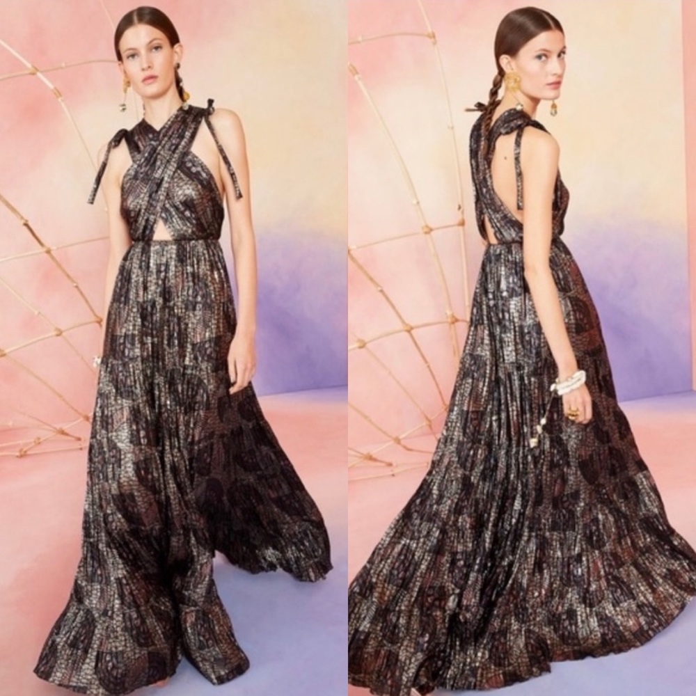 Ulla Johnson Ambrosia Pleated Printed Silk-Blend Lamé Gown in Bronze Size 0 NWOT